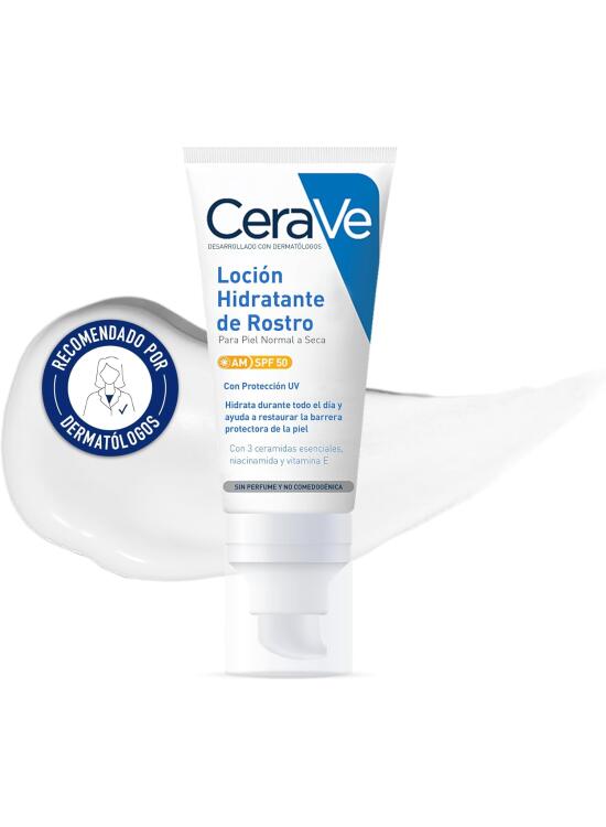CeraVe, Loción Hidratante de Rostro SPF 50, Para Piel Normal a Seca, Hidratación y Alta Protección Contra los Rayos UVB/UVA, Enriquecida con Ceramidas, 52ml