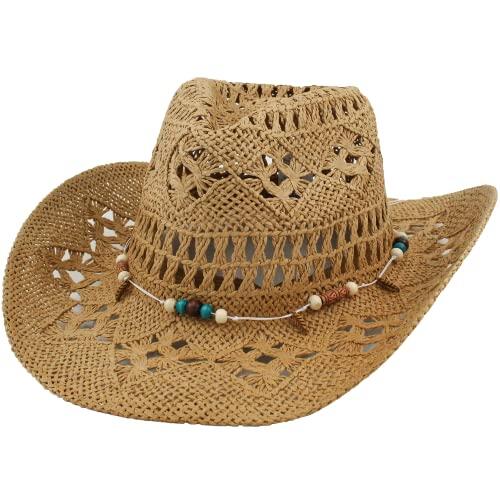 Sombrero de Cowboy de Paja Vaquero Panamá con Banda Occidental Unisex Talla Única Hombre Mujer para Verano Coachella Playa al Estilo Country Brasileño Bohemia Indiana Rafia Natural (XH-117 MARRÓN)