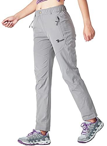 YSENTO Pantalones de senderismo para mujer, impermeables, de secado rápido, elásticos, con bolsillos con cremallera, gris claro, XS