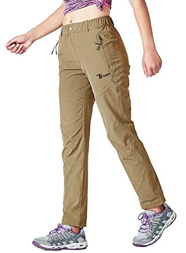 YSENTO Pantalones de senderismo para mujer, impermeables, de secado rápido, elásticos, con bolsillos con cremallera, caqui, L