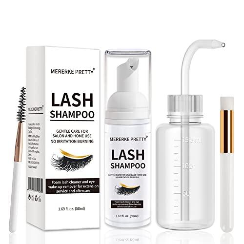 Cleanser de extensión de pestañas 50 ml + pinceles + botella de enjuague, Champú de espuma de pestañas para extensiones y pestañas naturales, sin sulfatos, uso en salón y familiar.