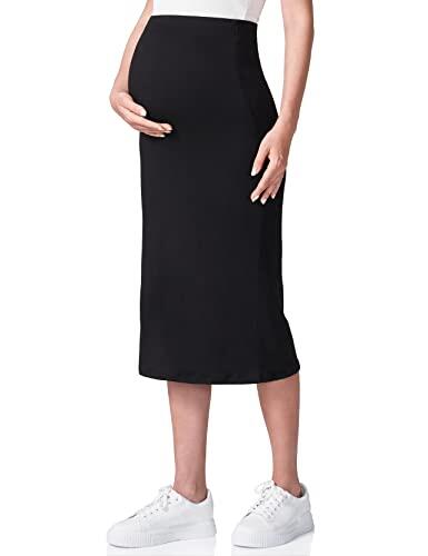 POSHDIVAH Falda de Maternidad para Mujer sobre el Vientre Midi de Cintura Alta, sólida y elástica para Embarazo, Negro, Large