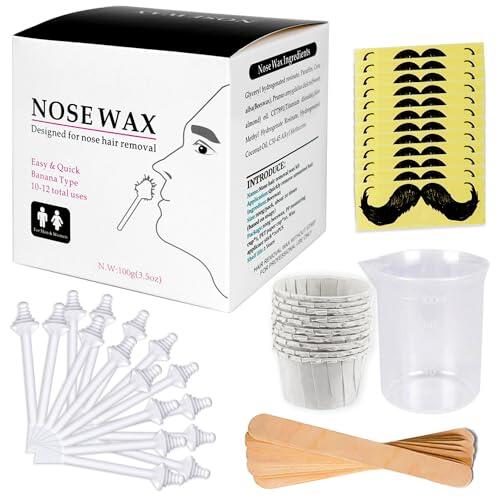 Nose Wax Kit - Kit de cera para la nariz, 100 g cera de la nariz, 20 aplicadores de punta seguros, 10 recipientes y 10 plantillas para bigote, Segura Rápida Indolora para Hombres/Mujeres(Blanco)