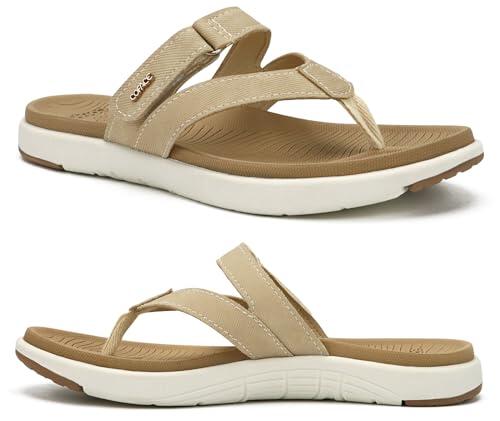 COFACE Chanclas Mujer Moda Ortopedicas Comodas Cuero Tela Elegantes Sandalias de Dedo Señora Piel Verano Playa Piscina Flip Flop Ligera Abierta Chancletas Pala Antideslizante Goma Suela Beis 38