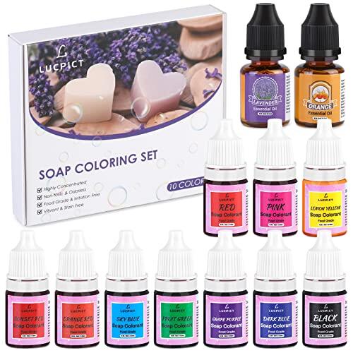 LUCPICT Colorante Jabón, 10 Colores Colorante de Bomba de Baño para Fabricación de Jabón con 2 Aceites Esenciales, Tintes de Jabón Líquido para Manualidades, Sales de Baño, Limo, Masa de Arcilla