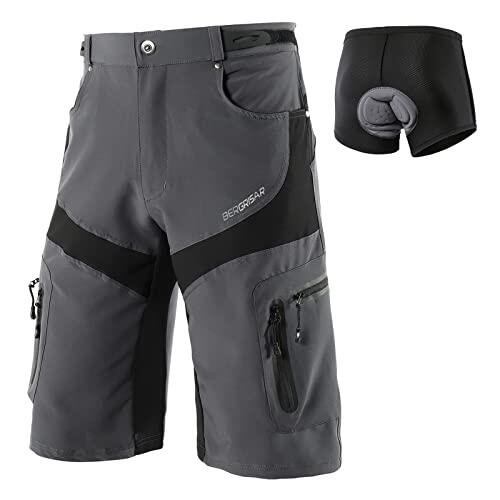 BERGRISAR Culotte Ciclismo Hombre Pantalon MTB y Bicicletas de montaña, Bolsillos con Cremallera, Resistente al Agua, Transpirables 1806BG, Acolchado extraíble Gris, Medium