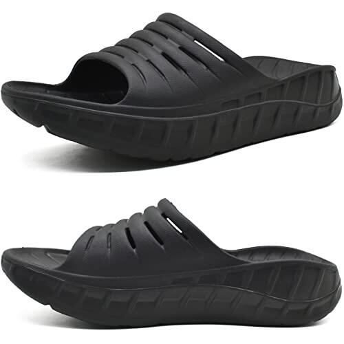 KuaiLu Sandalias de Recuperación Hombre Comodas Ortopedicas Fascitis Plantar Chanclas Caballero Soportes de Arco Ligera Abierta Deportivas Chancletas Goma Negro EU43