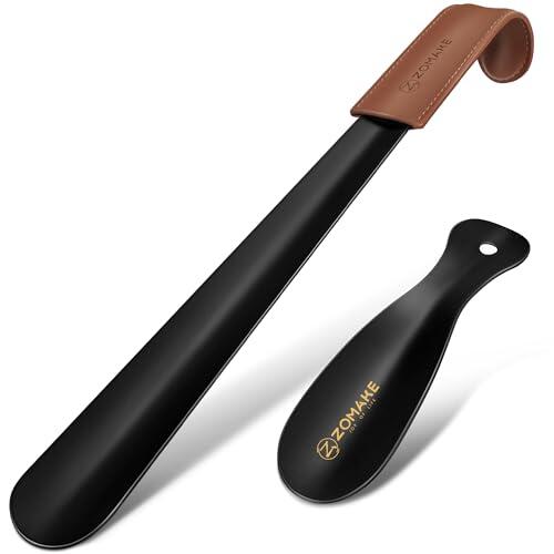 ZOMAKE Calzador de Zapatos 2 Piezas,42cm Largo Metalico Calzadores Negro para Personas Mayores con Correa Cuero,19cm Acero Inoxidable Shoe Horn Fácil de Utilizar(2 Piezas Negras A)