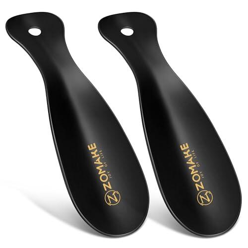 ZOMAKE Calzador de Zapatos 2Piezas - Metalico Calzadores para Personas Mayores con Colgante Agujero,19cm Acero Inoxidable Shoe Horn Fácil de Utilizar(2 Piezas Negras)