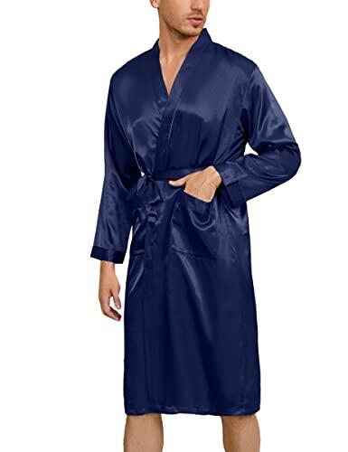 Irdcomps Bata de Hombre Verano Kimono de Satén Bata Baño Larga para Casa Pijama Seda Pijamas para Hombre A-Azul,M