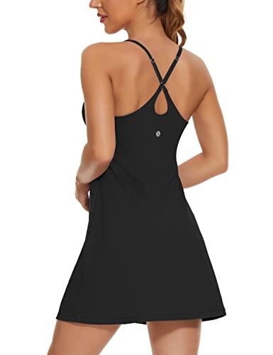 Vestido de tenis para mujer, vestido de entrenamiento de golf 2 en 1 con brasier integrado y bolsillos para pantalones cortos, vestidos atléticos con correa ajustable, A-Negro, M