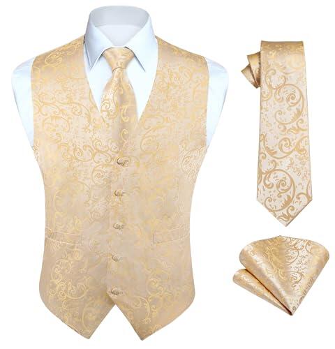 HISDERN Chaleco Hombre Vestir Champán Boda Chaleco y Corbata y Pañuelo de Jacquard Floral Chalecos Traje Hombre Elegantes Fiesta Dorada M
