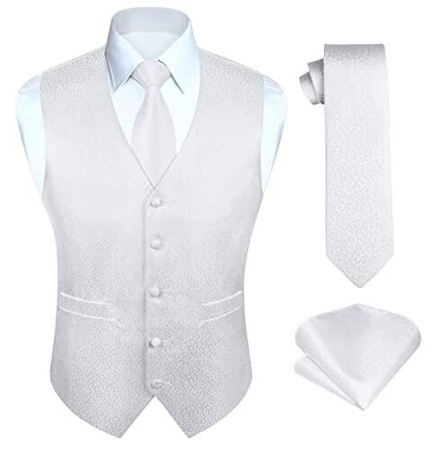 HISDERN Chaleco de boda blanco para hombres Chalecos de Paisley Jacquard Corbata Bolsillo cuadrado Pañuelo Banquete de boda Chaleco de ajuste de negocios Conjunto de traje L