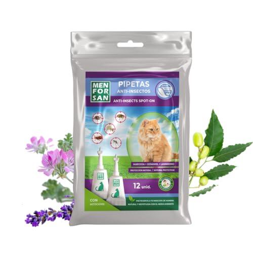 MENFORSAN Pack con 12 Pipetas Anti-Insectos para Gatos, con Margosa, Geraniol y Lavandino, Bolsa autocierre