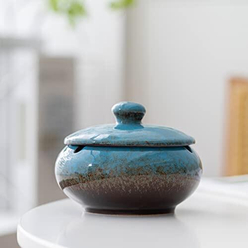 Tusentac Soporte de cerámica con tapa para decoración del hogar, oficina, antideslizante, cerámica, Kanji, azul