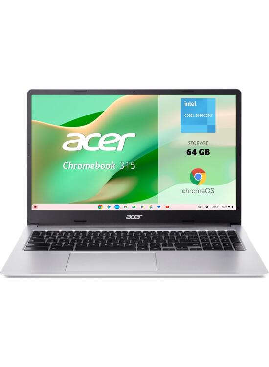 acer Chromebook 315-4H - Ordenador Portátil de Google 15.6" FullHD (Intel Celeron N4500, 8GB RAM, 64GB eMMc, Chrome OS) Plata, QWERTY + 3 Meses de Google AI Pro con Gemini Pro y 2TB de Almacenamiento