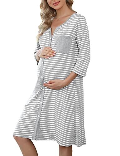Marvmys Camisón de Lactancia Algodón Camisón Hospital Lactancia Verano con Botones a Rayas Camisón Maternidad Hospital Mangas 3/4-Gris Claro-Tamaño M