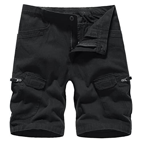 LY4U Pantalones Cortos Cargo para Hombre Verano al Aire Libre Casual Senderismo Escalada Caminar Pantalones Cortos de Algodón con Múltiples Bolsillos, Negro L