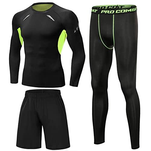 Terecey 3 Piezas Conjunto de Compresion Hombre Camisetas Manga Larga Cuello Redondo y Mallas Deporte Hombre y Pantalones Cortos para Running Correr Gym Fitness