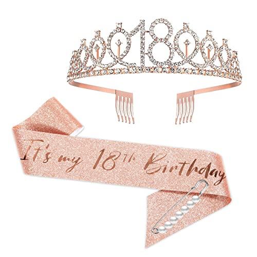 YongHang 18 Bufanda De Cumpleaños Para Niña Bufanda Decorativa y Diadema En Oro Rosa 18 Banda Cumpleaños Regalos Corona Para Decoraciones De Fiesta De Cumpleaños