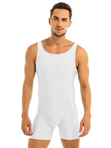 Alvivi Maillot Elástico de Gimnasia Hombre Adulto Body Leotardos Ritmica Danza Ballet sin Mangas Una Pieza Mono Liso Men Unitard Ropa Interior Deporte para Hombre Blanco M