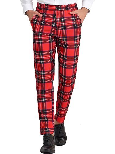 Lars Amadeus Pantalones de Vestir a Cuadros para Hombre Pantalones de Negocios con Frente Plano Pantalones de Traje a Cuadros Rojo Oscuro XXL