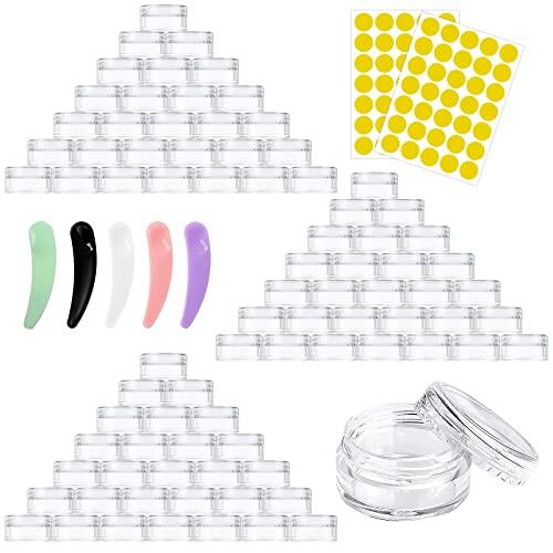 AMANMAN 100 Piezas Tarros de Plástico 5g/5ml Contenedores Cosmético de Viaje Envases de Vacío Pequeños Transparente con Tapas, Mini Espátulas y Etiquetas Adhesivas para Cosmética Crema Muestra Polvo