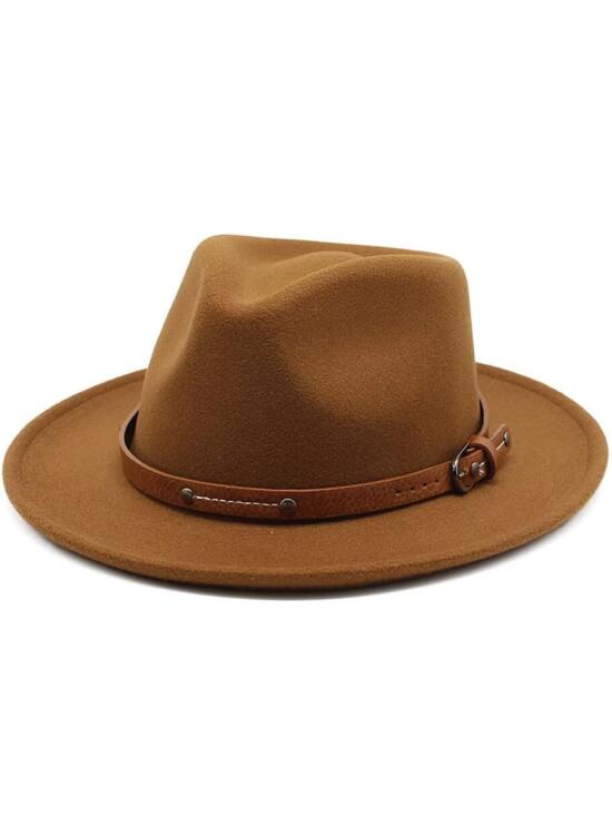 QUUPY Sombrero Fedora clásico de fieltro caqui de ala ancha, sombrero de Panamá para otoño e invierno, sombrero de jazz con remache cinturón hebilla banda y cordón ajustable