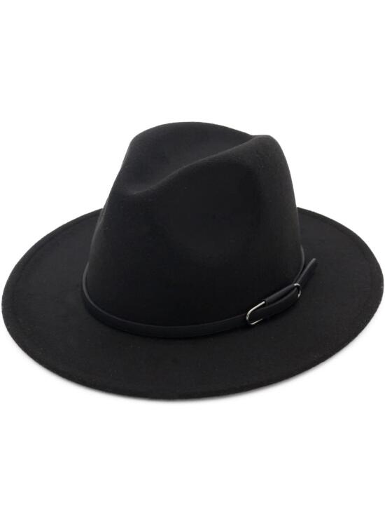 QUUPY Sombrero estilo fedora estilo Manhattan, estilo retro, unisex, de fieltro negro, ala ancha, con cordón, para viajes, Negro, M