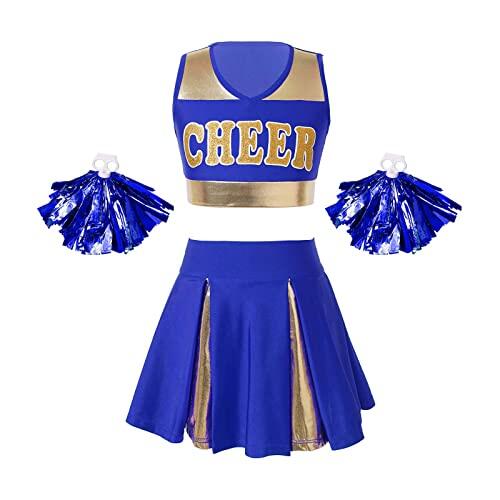 dPois Vestido De Animadora Para Niña Crop Top Corto + Falda Plisada + Bolas De Flores Uniforme Escolar Conjunto De Baile De Porristas Azul C 13-14 años