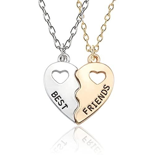 Paquete de 2 collares BFF, collar de amistad, mejores amigos para niñas, regalos de cumpleaños, cadena colgante, regalos (oro plateado)