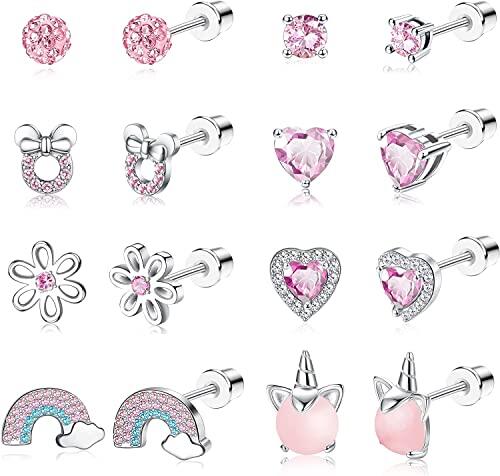 LOLIAS 8 Pares Pendientes Rosca Para Niñas Mujeres Hipoalergénicos Acero Inoxidable 316L Estrella Corazón CZ Multicolor Mariposa Flor Unicornio Gato Tuerca Regalo