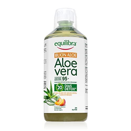 Equilibra Suplementos Dietéticos, Buon Aloe Vera 95%, Suplemento de Aloe Vera para Beber Puro o Diluido, Sin Aloína, Detox, Pulpa Pura, Sin Agua Añadida, con Zumo de Melocotón, Sin Gluten, 1 litro
