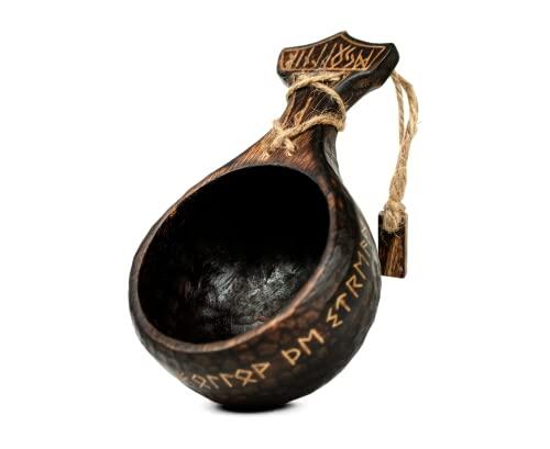 Norse Empire Taza tradicional kuksa de 12 onzas, jarra hecha a mano, ligera, duradera, estilo medieval, estilo medieval, taza de camping de madera rústica, respetuosa con el medio ambiente, diseño