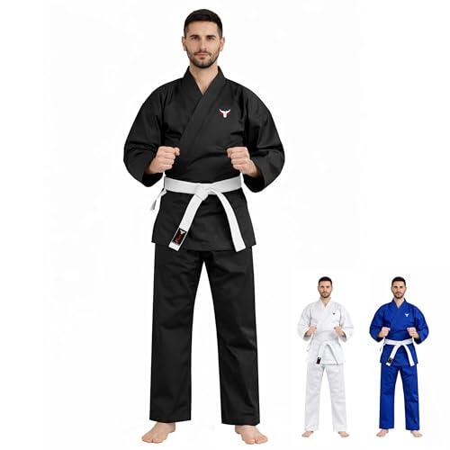 Mytra Fusion Karate Gi adulto con Cinturón – Traje de Entrenamiento de Artes Marciales 200 g para Hombre y Mujer– Uniforme de Karate para Estudiantes (Negro, 3/160)