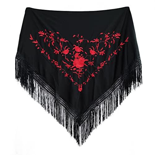 MUNDDY - Manton Flamenco Bordado en Flores Para Adulto, para fiesta de Sevillana de Color Rojo Negro Rosa Blanco Amarillo Azul. Envio desde madrid (Negro-Rojo)