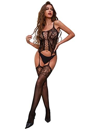 UMIPUBO Lencería Mujer Sexy Conjunto de Lencería de una Pieza Negra Mini Body Ropa De Dormir Babydoll Ropa Interior de Malla Transparente sin Tanga(Negro C,Talla única)