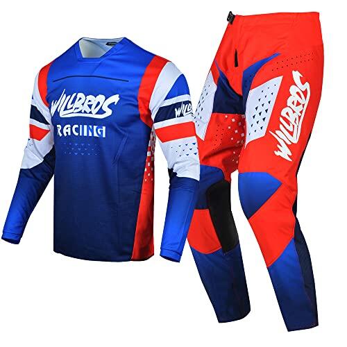 Willbros Juego de Engranajes MX Pantalones de Camiseta de Motocross Traje Hombres Bicicleta Sucia Mujeres Fuera del Camino Montando Adulta Rojo Azul (Jersey S Pants 30)
