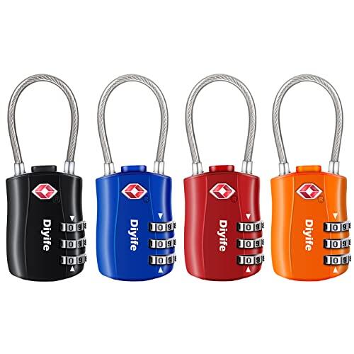 Candados de Equipaje, [4 Pcs] Diyife TSA Candado de Seguridad de 3 dí Gitos, Candados de CombinacióN para Maletas Viaje, Mochila Equipaje (Negro, Azul, Rojo, Naranja)