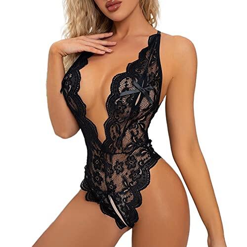 KOEMCY Lencería Mujer Sexy Conjunto Lencería Cuello en V Profundo Ropa Interior Camisón Transparente una Pieza Bodydoll Encaje Ropa de Dormir Conjunto de Lencería (Negro, S)