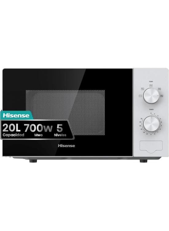 Hisense H20MOWP1 - Microondas 20L, 700W, Revestimiento Cerámico, Cristal Premium, 5 Niveles de Potencia, Función de descongelación, Fácil Limpieza, Temporizador de cocción, Blanco