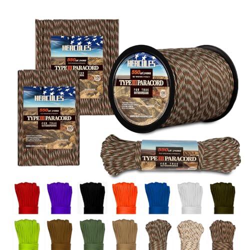 HERCULES Cuerda de paracaídas tipo III Paracord 550, 250 pies, camuflaje para cuerda de supervivencia, cuerda de supervivencia