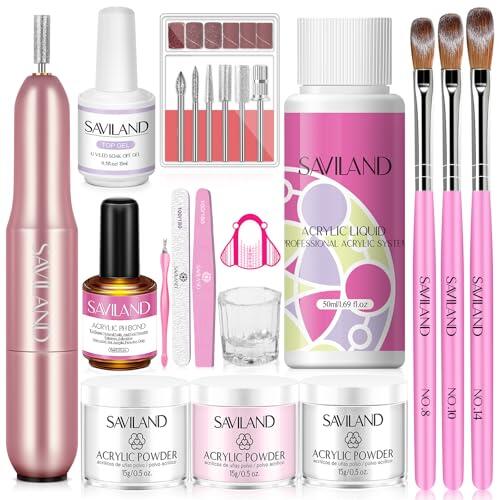 Saviland Kits De Uñas AcríLicas Para Principiantes: Polvo AcríLico Rosa Blanco Transparente, Cepillo De Uñas Líquido AcríLico, Taladro Eléctrico Para Uñas, Imprimación Para Uñas