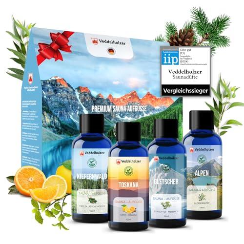 Veddelholzer BIO - Juego de infusión de sauna con aceites esenciales 100 % naturales 4 x 100 ml, diferentes aceites de sauna, aroma de sauna, accesorios de sauna como set de regalo todo en uno
