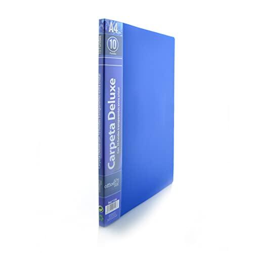 Carpeta de 10 Fundas Deluxe Tamaño A4 con Adhesivos Indicadores incluidos, REF.1126 - Fundas Ultra Cristal y Lomo Personalizable by Office Box (Color Azul)