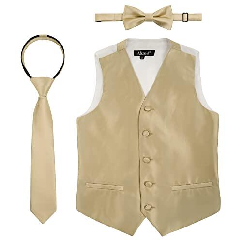 Alizeal Conjunto de 3 piezas de corbatín, corbata y chaleco de traje para niños, color sólido, corbata clásica y chaleco, 078-champán, 10