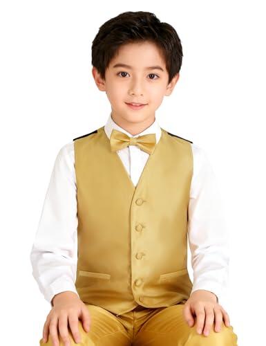 Alizeal Conjunto de 3 piezas de corbatín, corbata y chaleco de traje para niños, color sólido, corbata clásica y chaleco, dorado (078-Golden), 10