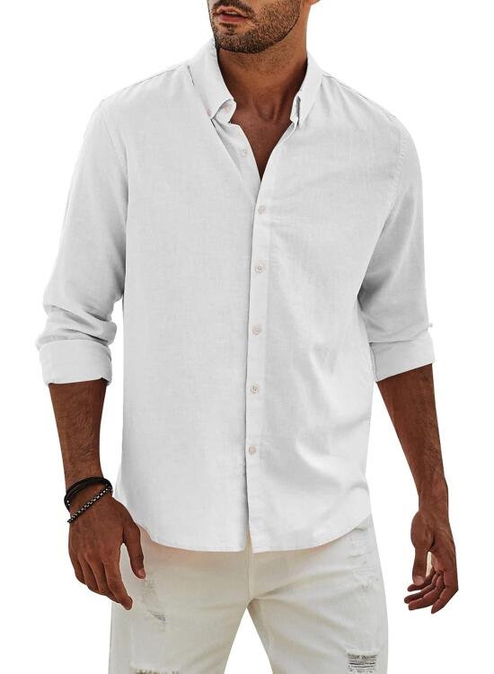 APOONABA Camisa Lino Hombre Manga Larga Color Sólido Shirts Casual Algodón Camisetas Elegante Coton Camisas con Botónes Regular Fit