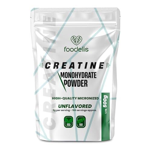 Foodelis Creatina monohidratada en polvo micronizada 500g / 166 dosis - Pura sin aditivos - Sin sabor - Incluye dosificador - Alta solubilidad - 100% creatina monohidrato micronizada