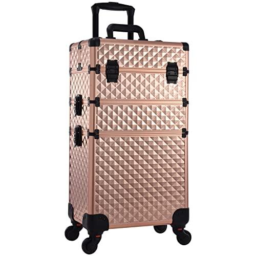 Maleta Maquillaje Profesional 3 en 1 Maletin Maquillaje con Ruedas Organizadores de Maquillaje Maleta de peluquería Grande Maletín de uñas Multifuncional Caja Maquillaje Profesional, Oro Rosa